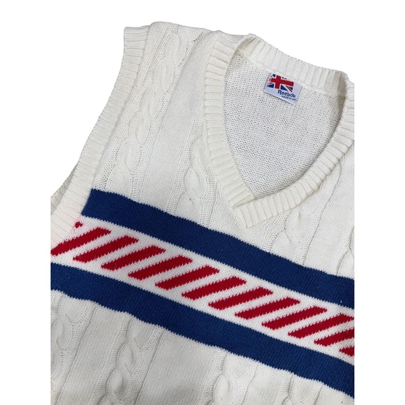 Reebok Jackets & Blazers - Reebok Vintage Cable Knit Sweater Vest White Blue Red Stripe V Neck Women's S/M